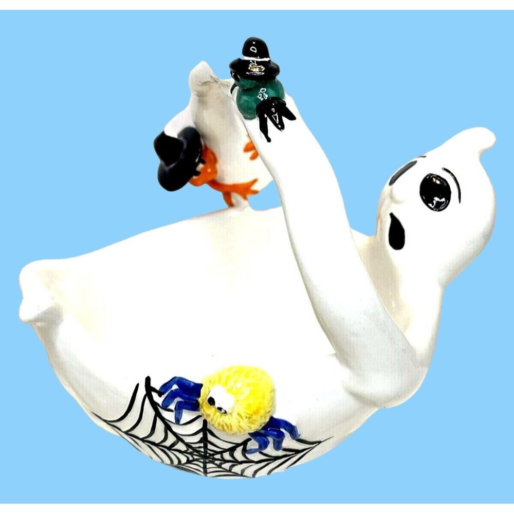 VTG Halloween Ghost 3D Candy Dish Ceramic Basket Serving Bowl Spider Lizard READ